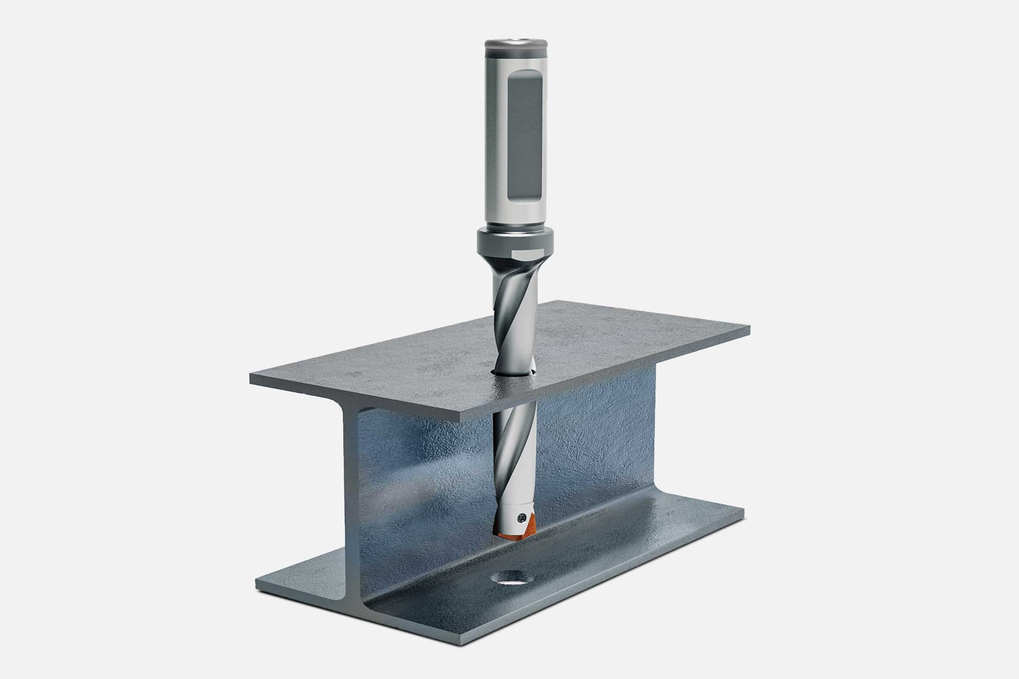 The QTD indexable insert drill from MAPAL with the new indexable insert drills bores in steel beams very economically.