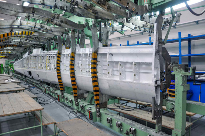 An aircraft wing in the processing machine.