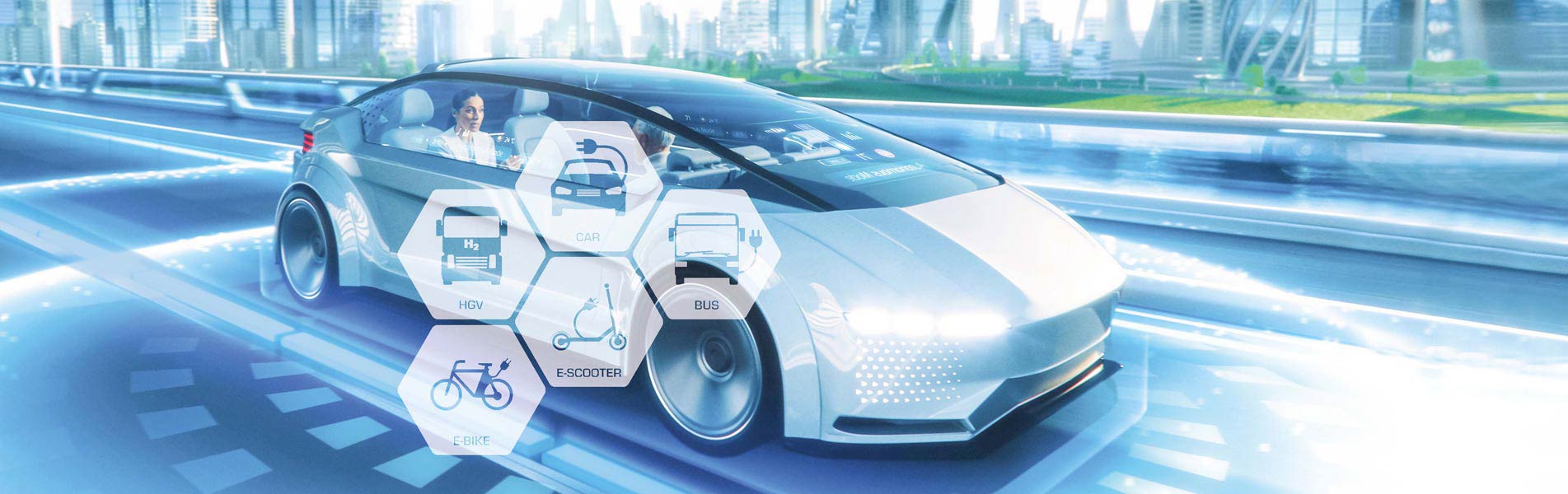 futuristische Darstellung einiger Sektoren der Elektromobilität - Automotive, E-LKW, E-Bike, E-Scooter, E-Bus