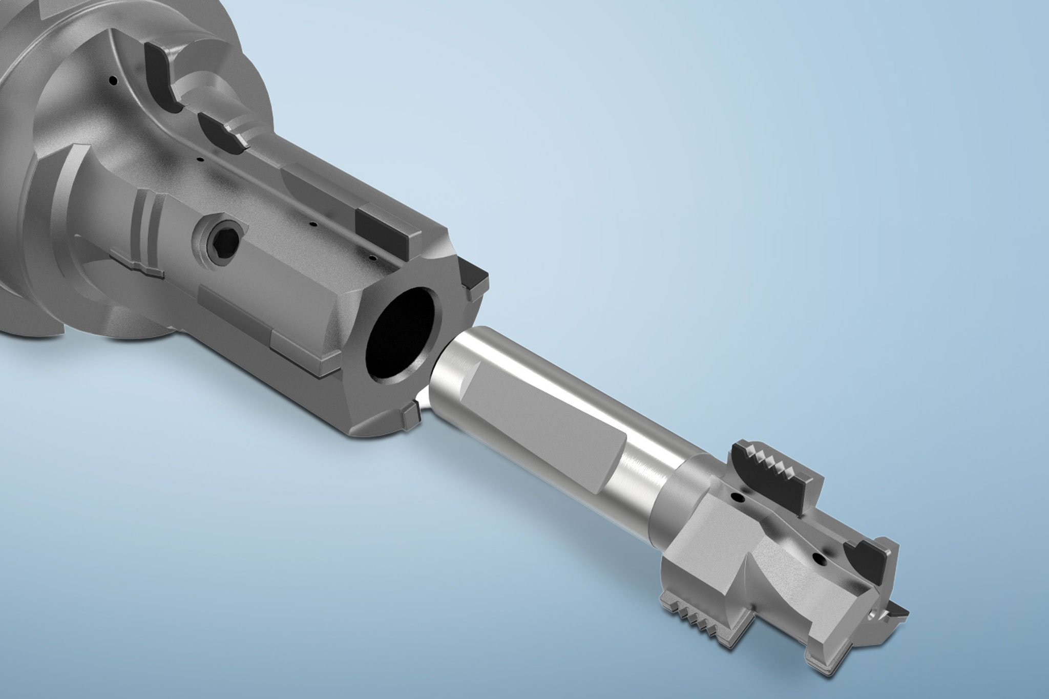 The picture shows a PCD boring tool with a PCD thread milling cutter from MAPAL to be inserted into the boring tool.