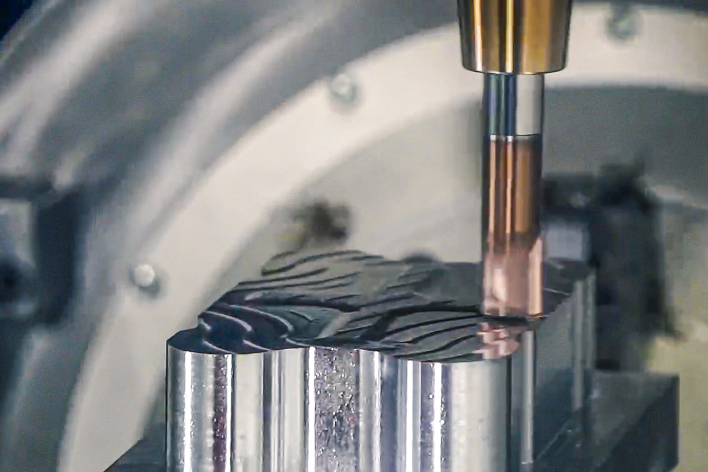 The high-feed milling cutter OptiMill-3D-HF-Hardened during machining.