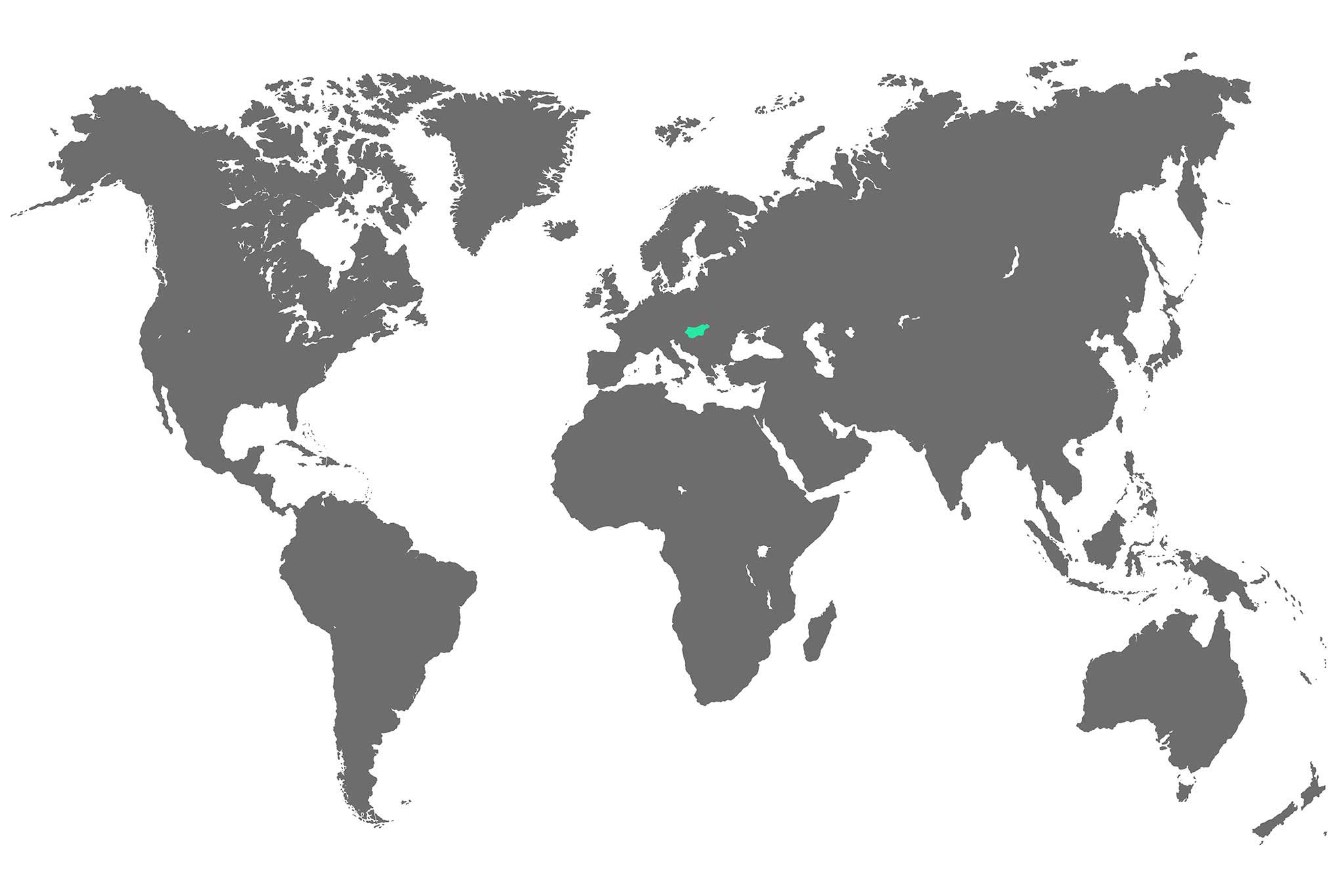 An illustration of the world map with Hungary highlighted in colour.