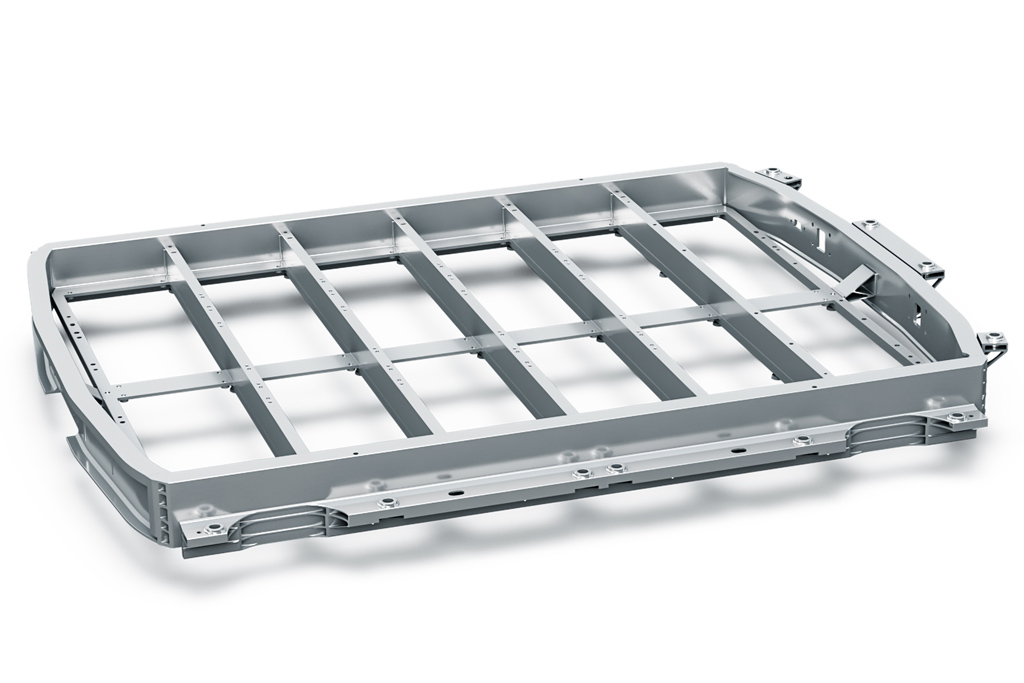 A battery tray made of aluminium profiles.