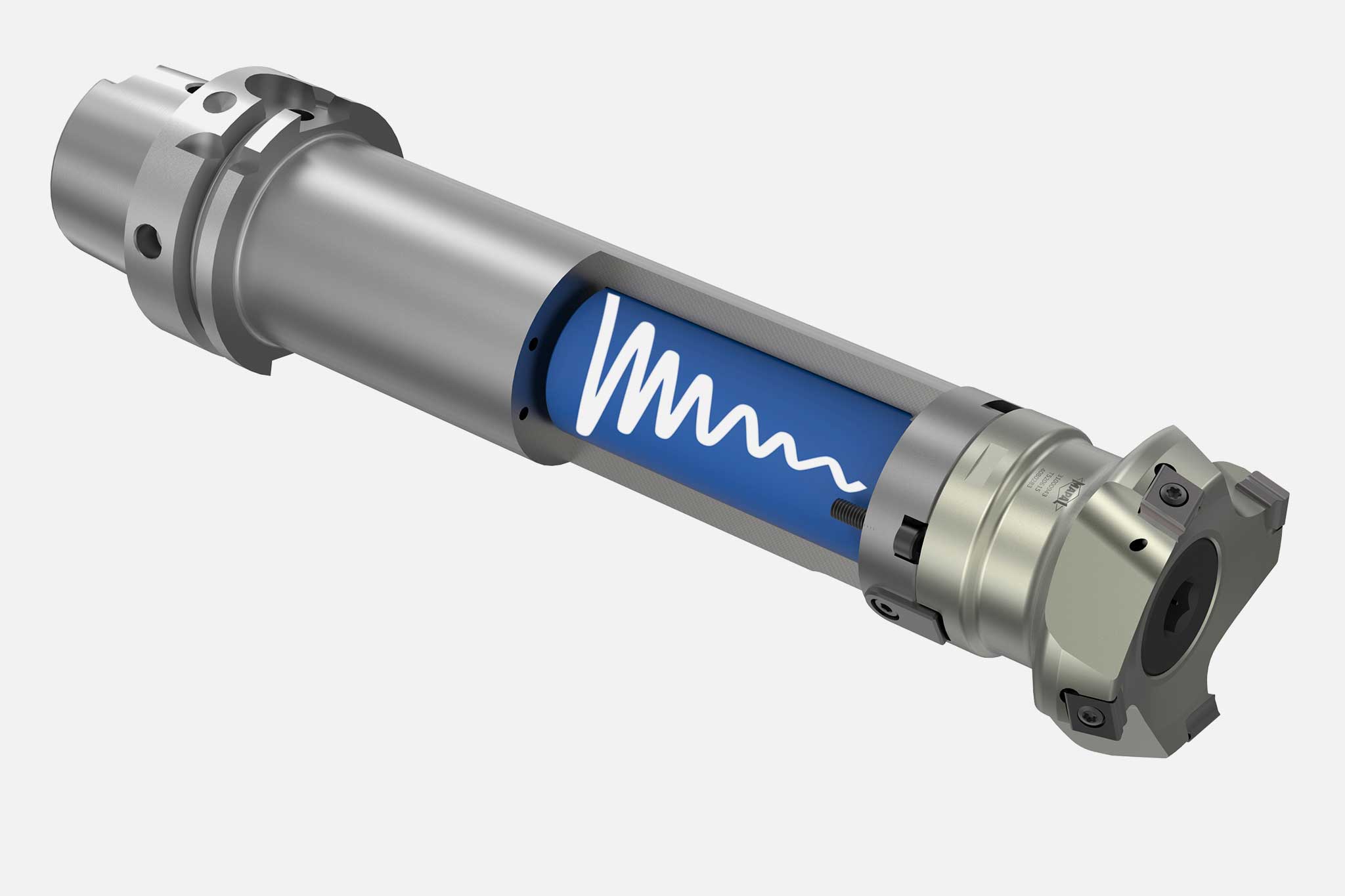 The illustration illustrates the fact that on the MAPAL plug-on milling cutter arbor the vibration damping is located inside the shank.