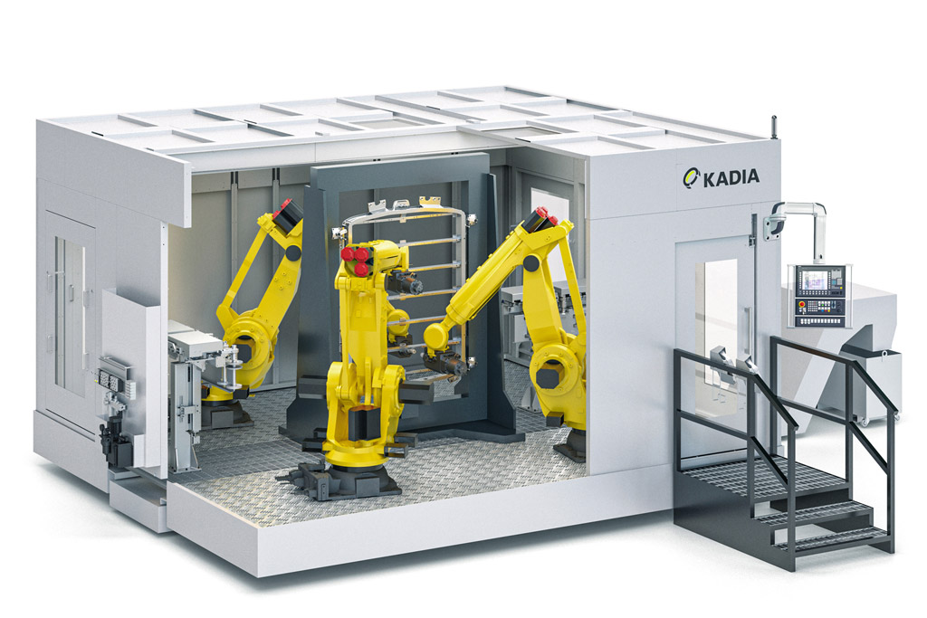 The KADIA special machine for deburring in layout with three robots.