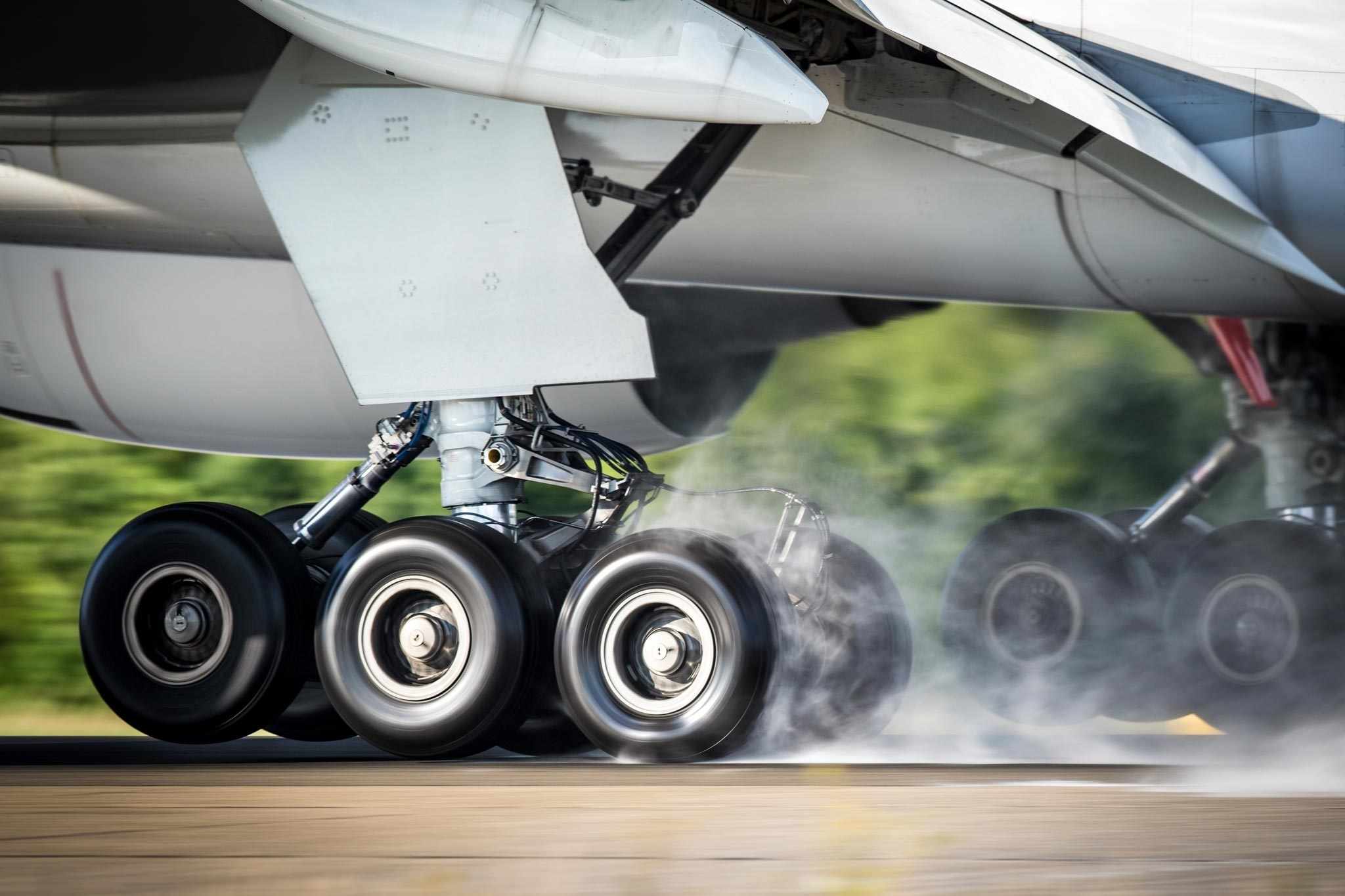 The picture shows the landing gear of an aircraft.