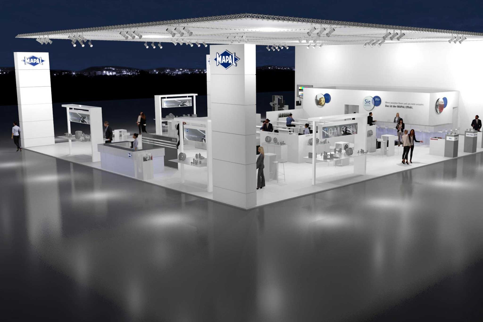 A rendering of the MAPAL exhibition stand. It is mostly white and measures 520 square metres.