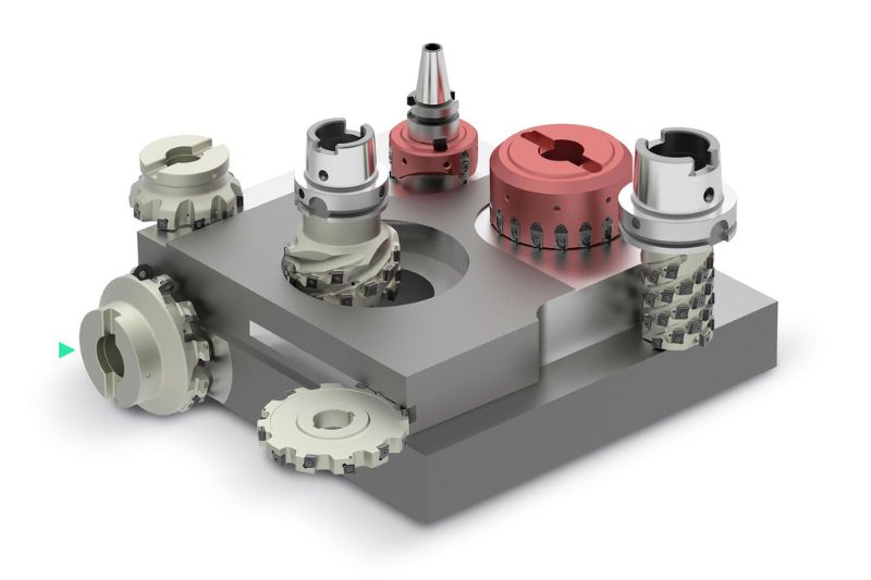 Face milling cutters with ISO indexable inserts are highlighted on this 3D rendered product overview display.