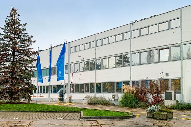 An exterior view of the company building of thyssenkrupp Presta Schönebeck GmbH.