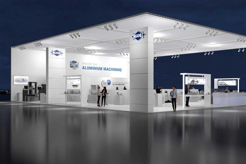 The picture shows a 3D illustration of the MAPAL trade fair stand at AMB 2024.