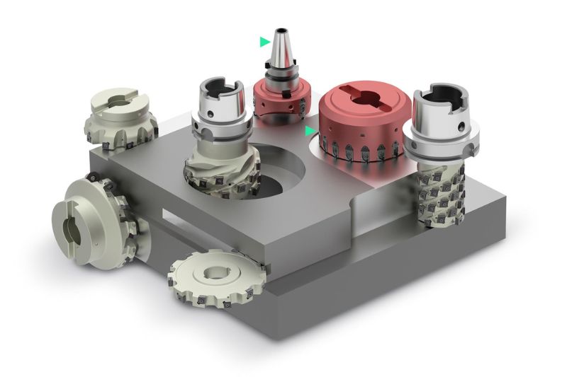 The PCD face milling cutters are color-coded on a 3D rendered product overview.