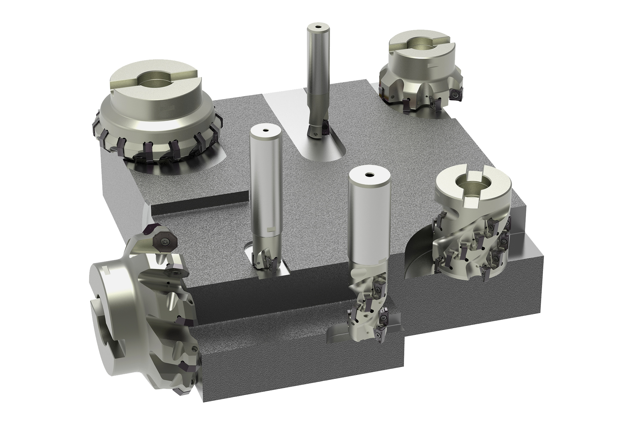 Milling cutters with radial ISO indexable inserts from MAPAL are presented in this 3D rendered product overview.