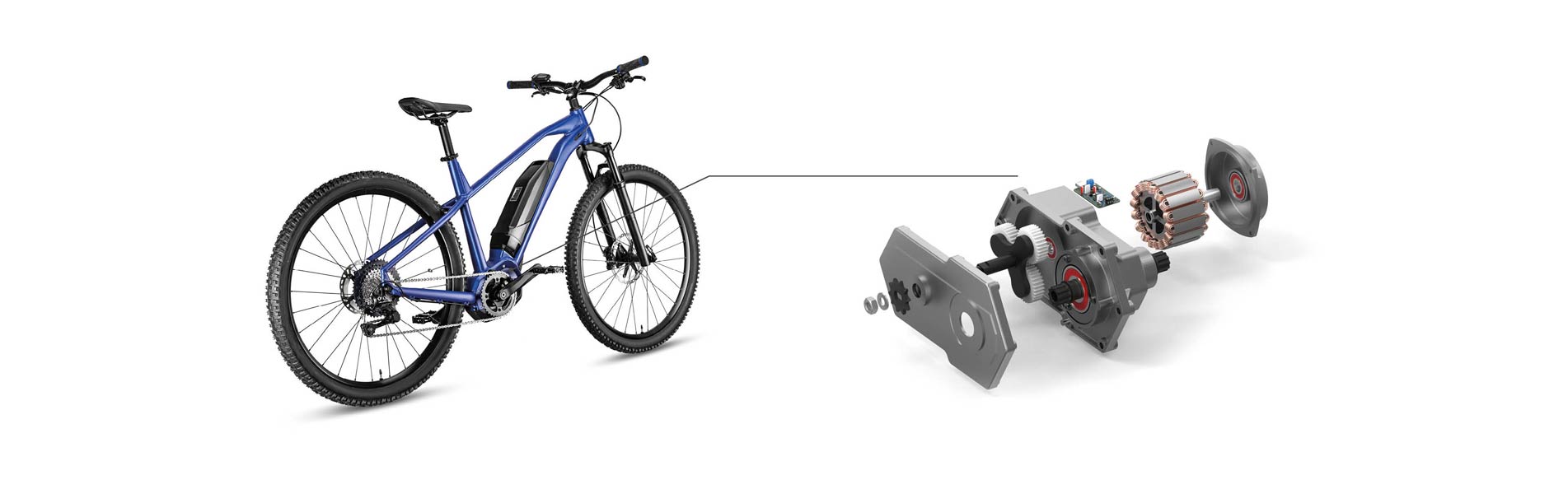 In the picture you can see an e-bike and its motor housing in an enlarged view